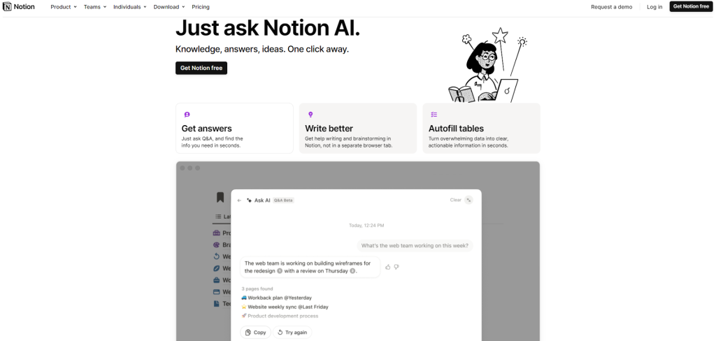 Notion AI interface showcasing text generation and productivity tools integration.