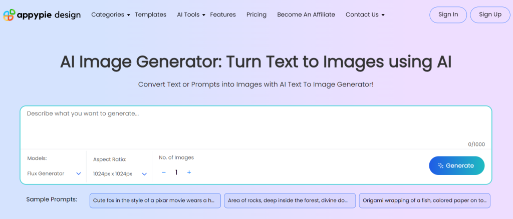 Appy Pie AI Image Generator interface with text input and generate button.